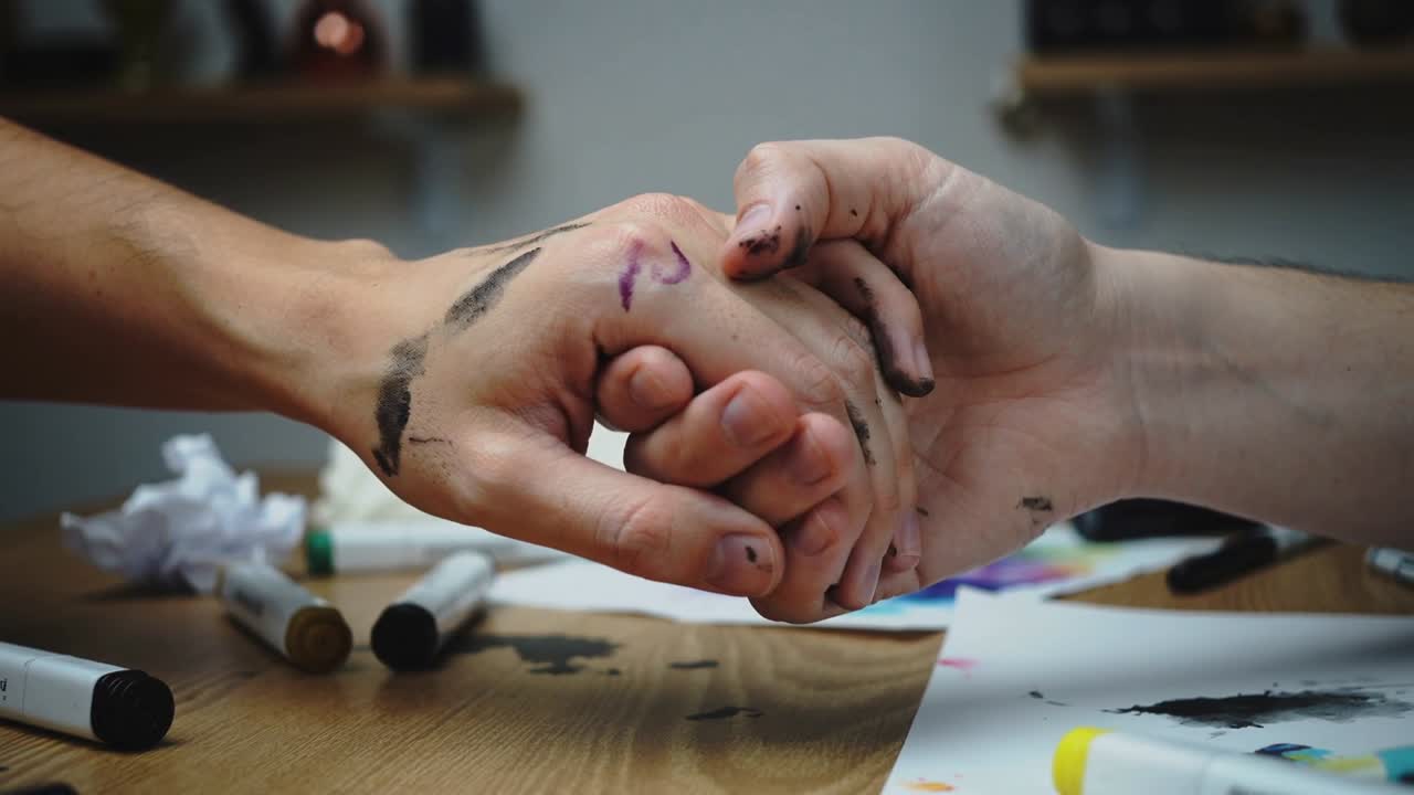 Clasping painted hands finishing artwork, artists interlocking fingers at studio table with markers