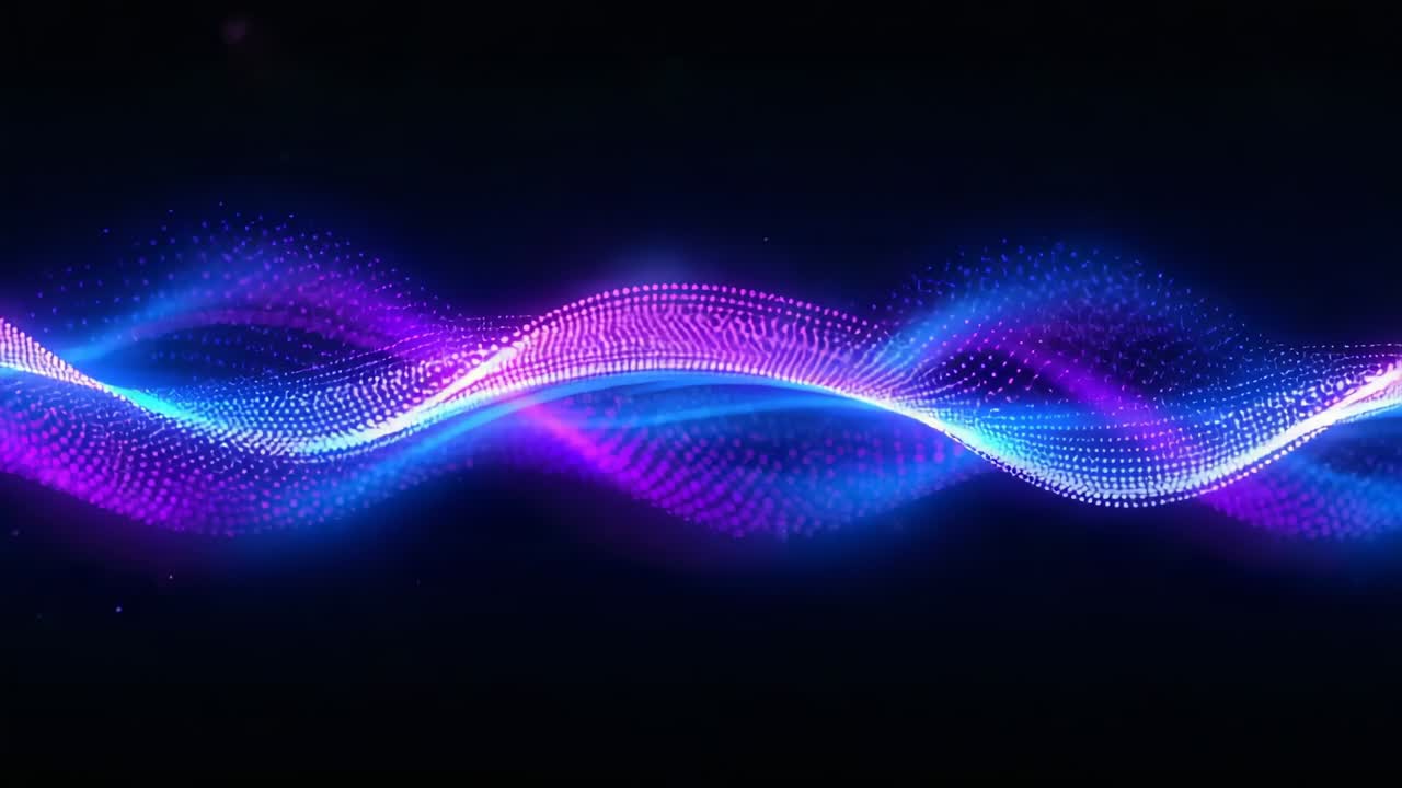 Sweeping twin ribbons shifting at start across dark void, with lit cyan pink dots, drifting orbs