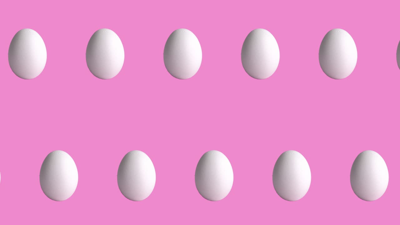 seamless looping animation with two rows of chicken raw eggs on rose and pink background, close-up. side view of farm products, easter concept with copy space