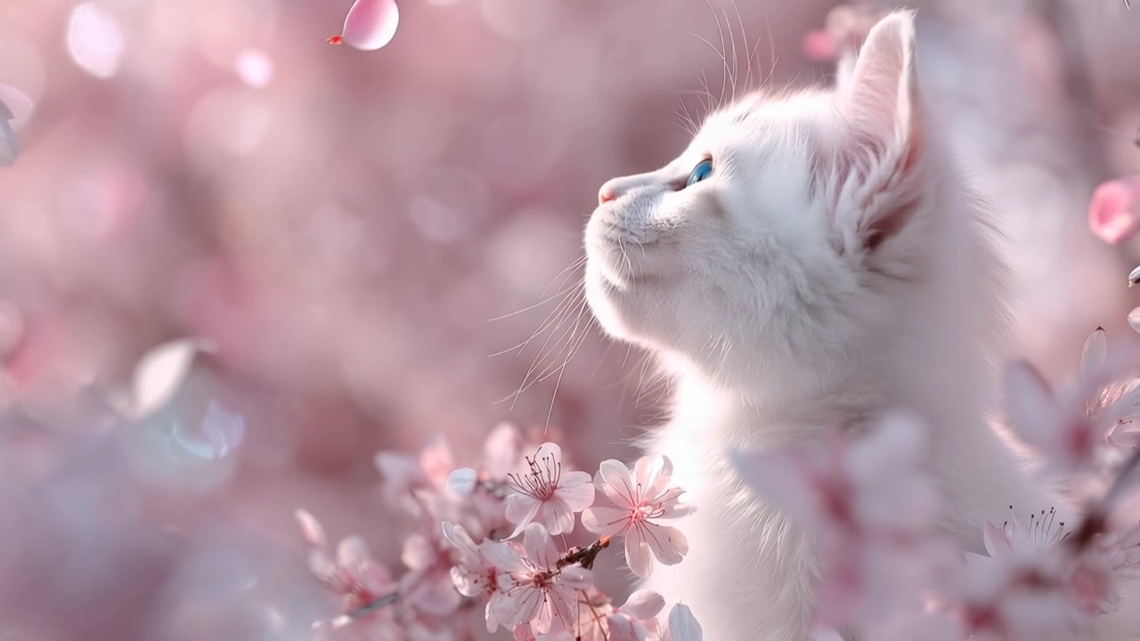 舞い散る桜の花びらに囲まれた白い子猫