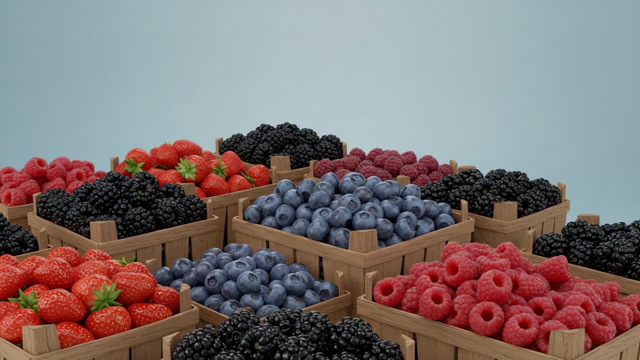 Una colorata esposizione di frutti di bosco freschi in cesti: fragole, mirtilli, lamponi, more perfettamente disposti per una vivace presentazione di mercato.