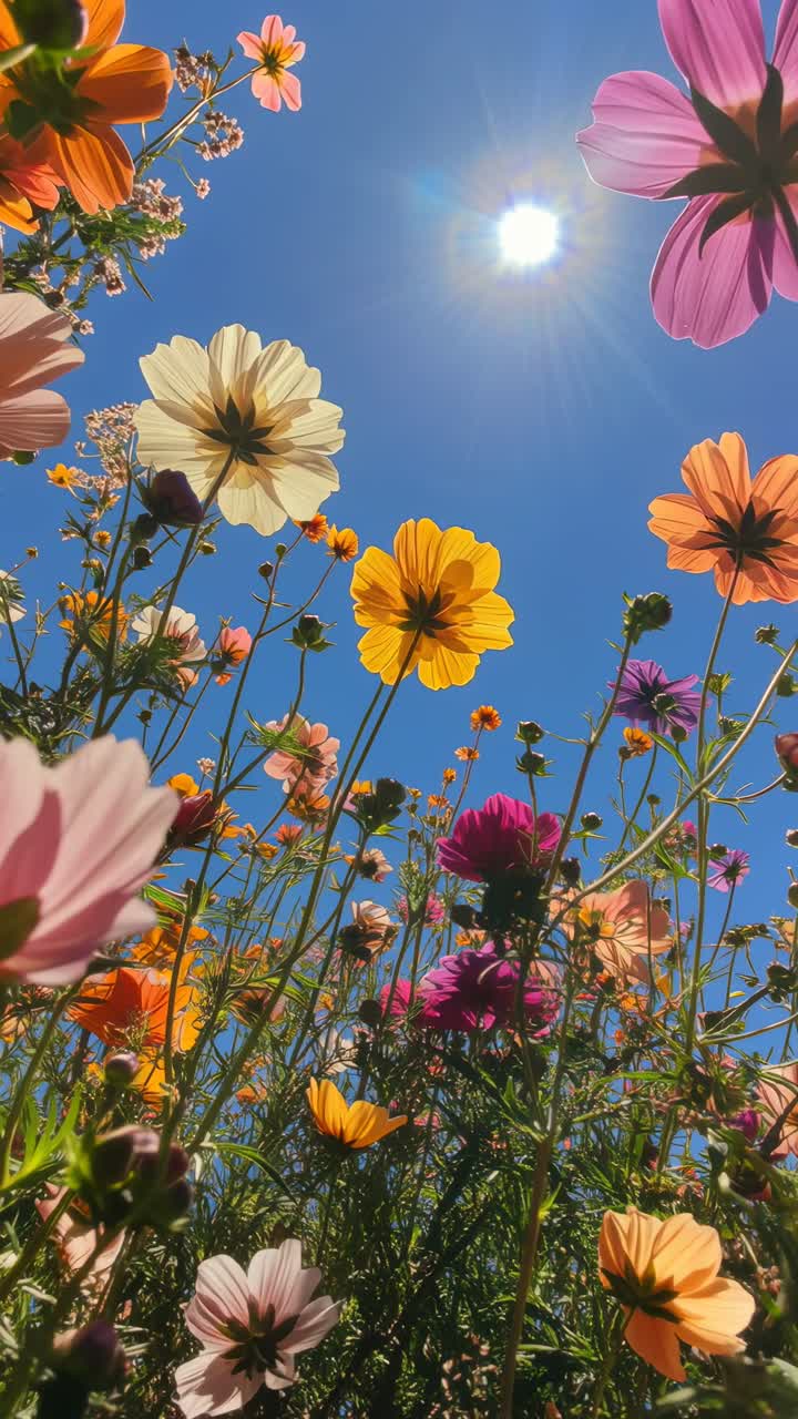Low-angle video shot of vibrant wildflowers against a sunny blue sky, capturing nature's beauty