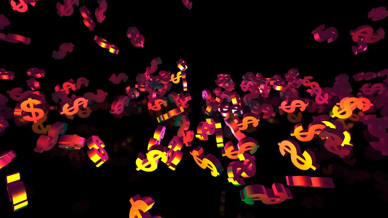황금 3d 달러 기호는 네온 불빛에 떨어집니다. 금융 이벤트 배경 3d 렌더링 루프 4k