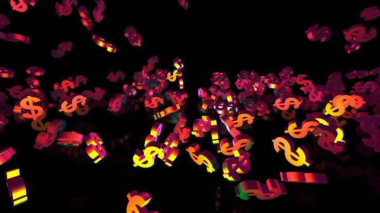 Simboli del dollaro 3D dorati che cadono tra luci al neon. Sfondo per evento finanziario. Loop di rendering 3D 4K