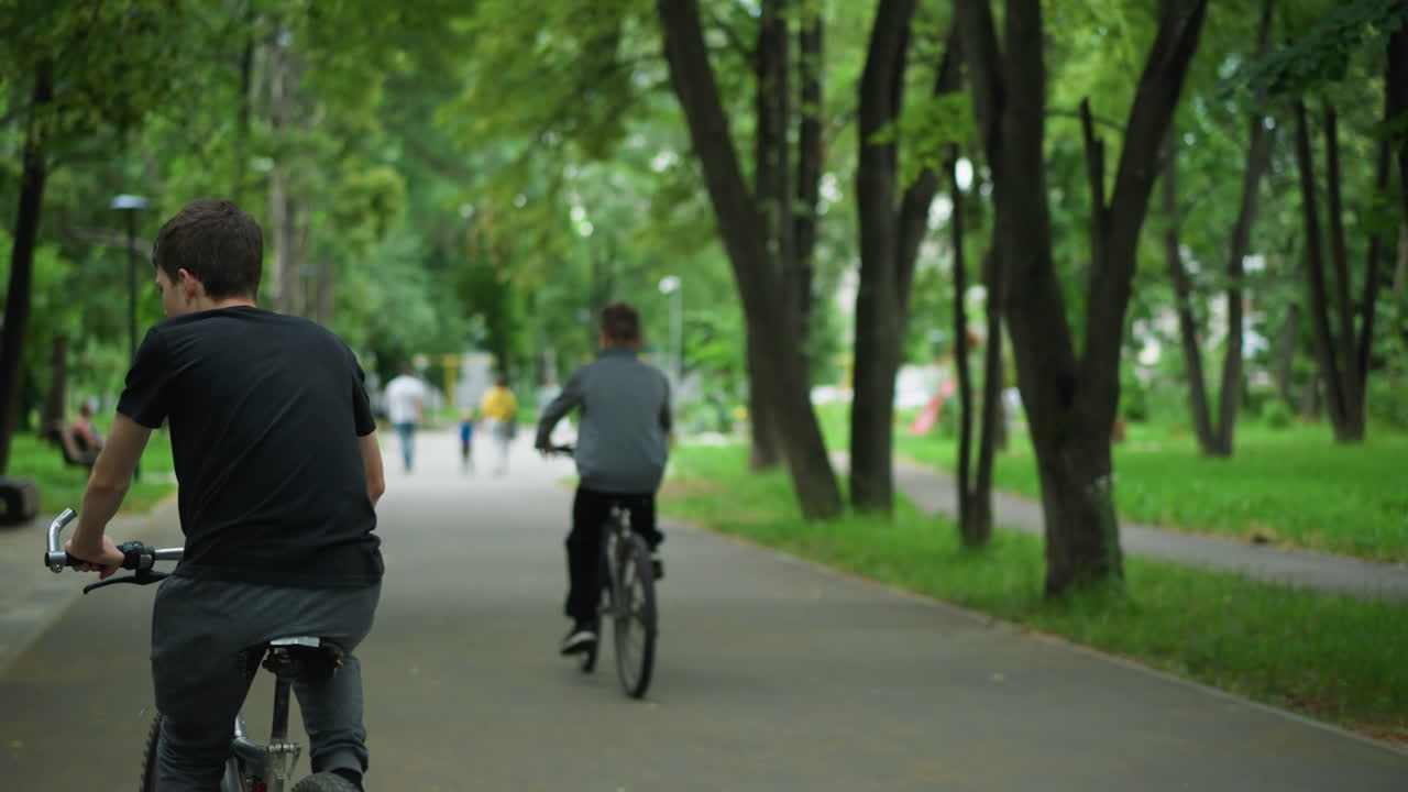평화로운 공원 길을 따라 자전거를 타고 있는 두 친구의 뒷면, 회색 을 입은 사람이 친구를 돌아보고, 사람들이 앞에 걸어가고, 설정은 나무로 둘러싸여 있습니다.
