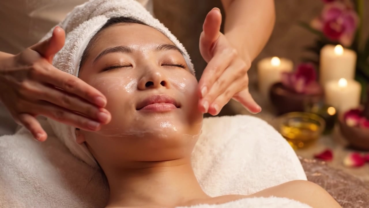 Afslapning og ro: En ung kvinde nyder en beroligende spa-ansigtsbehandling omgivet af fredfyldte elementer og blødt stearinlys for ultimativ selvforkælelse.