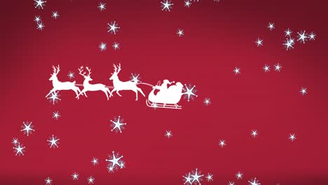 Animation-of-santa-claus-in-sleigh-with-reindeer-over-snow-falling-on-red-background