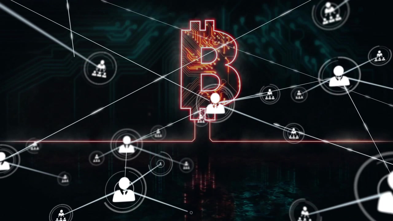 Simbolo Bitcoin rosso al neon che si materializza, pulsante, che lancia nodi utente, collegando linee e formando una rete.