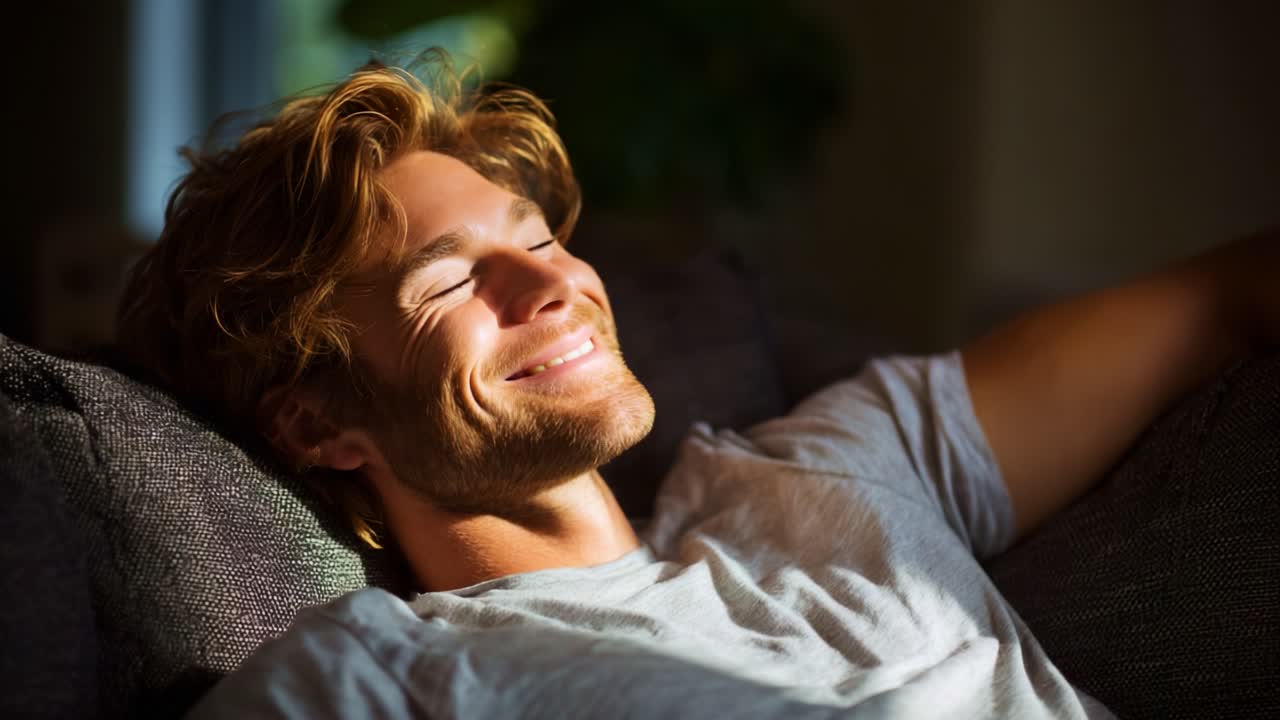 Un giovane uomo si rilassa su un divano, godendosi la calda luce del sole che entra da una finestra, con un sorriso soddisfatto e un'espressione serena sul volto