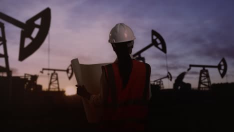 back view of asian female engineer with safety helmet looking at blueprint in her hands inspects oil pumps at sunrise in a large oil field