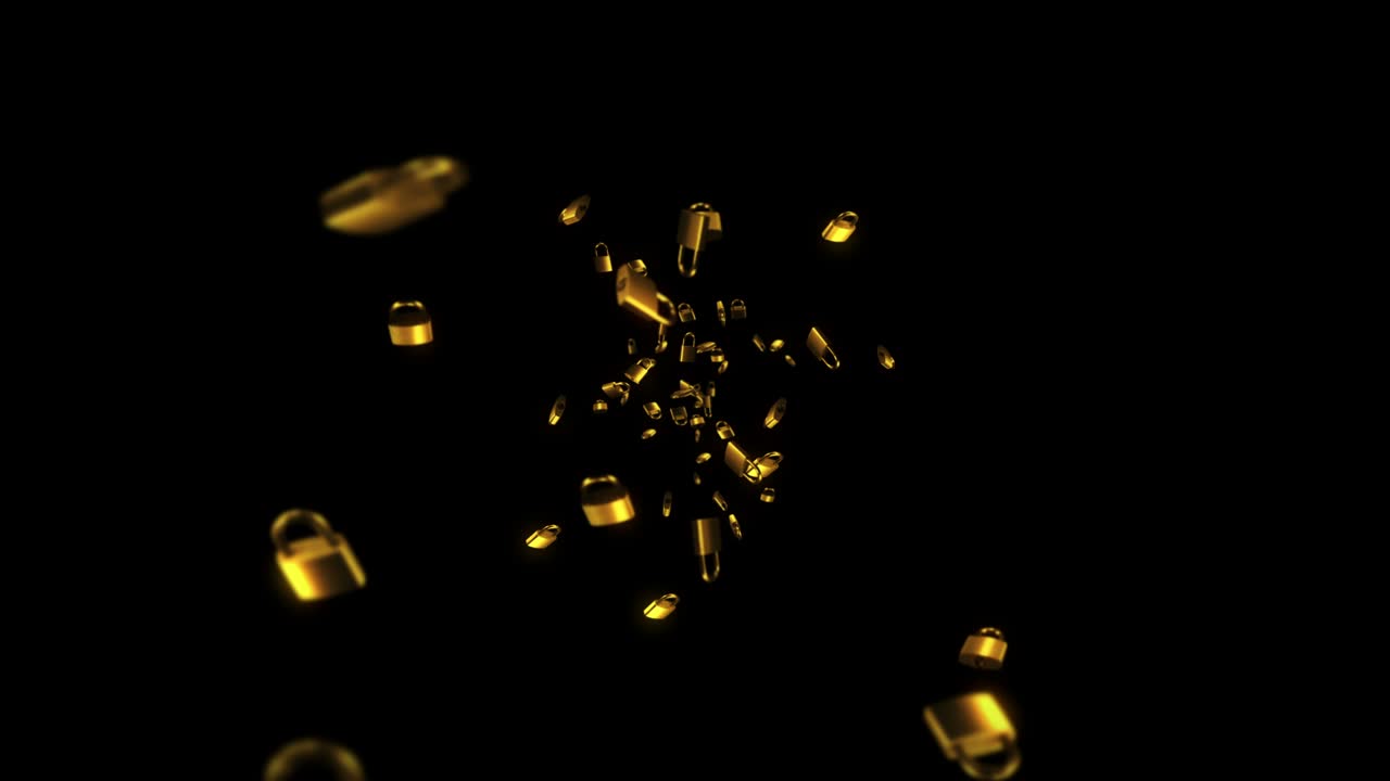 黒い背景に多くの金色のパドロックを飛ばす - セキュリティまたは秘密の保護コンセプト - パドロックの回転の3dアニメーション - ループアニメ