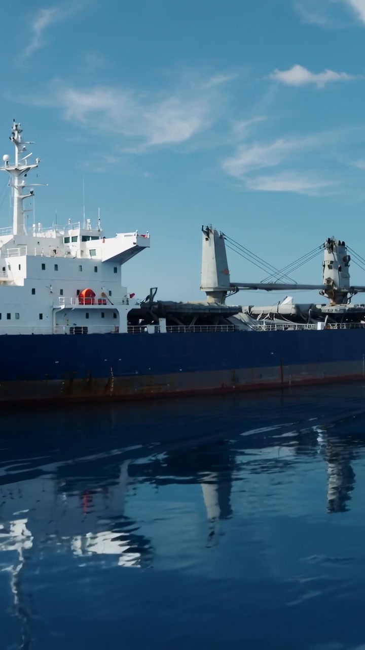 Vertical video: Panning camera to reveal blue-hulled ship with white bridge and cranes at sea