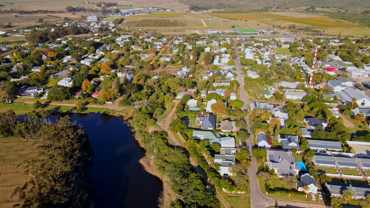 Sunset aerial, charming country town of Stanford in Overberg next to Klein River