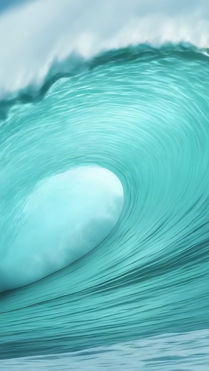 Surging wave forming curling barrel at shore, swell pushing face, wind whipping, foam