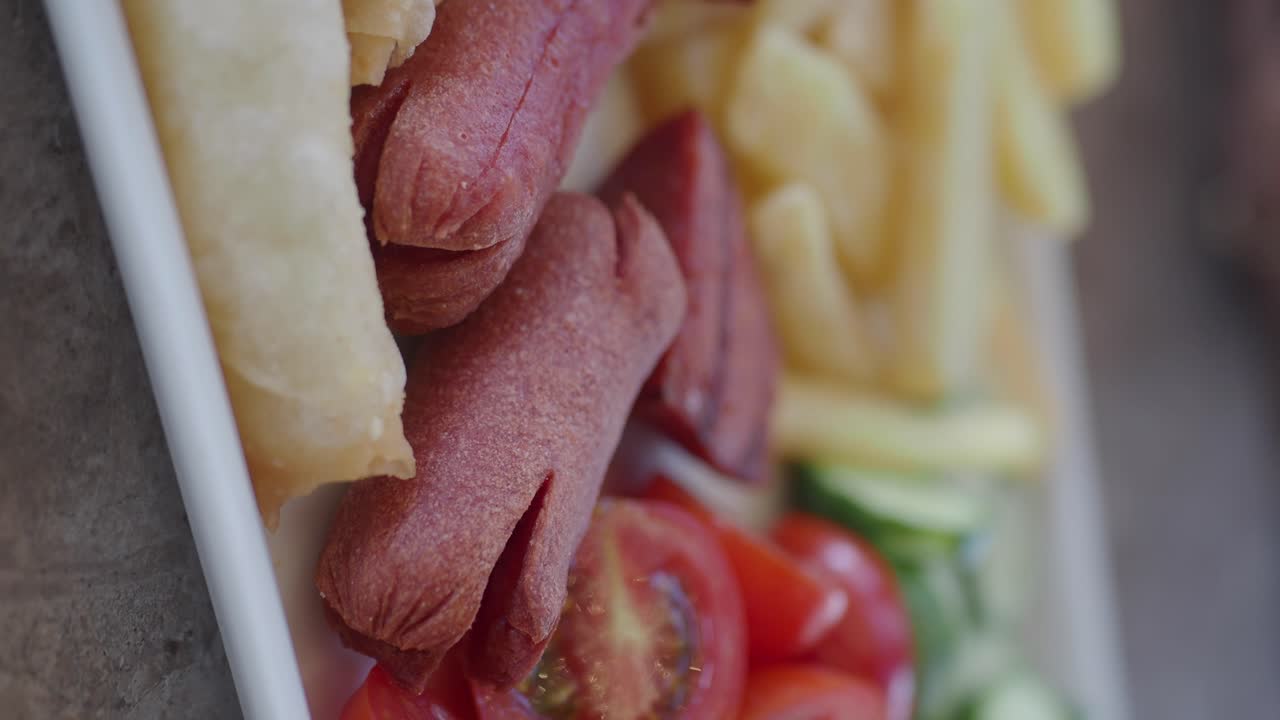 A close-up view of a mixed food platter featuring spring rolls, sausages, and fresh vegetables