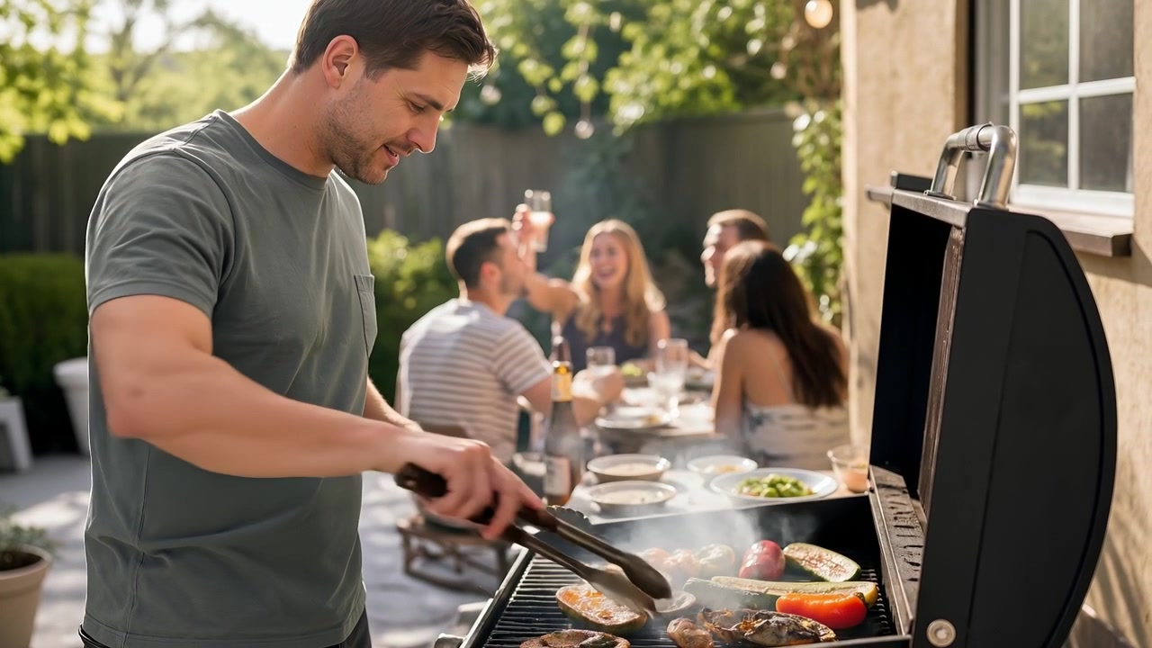 Happy young man grilling vegetables and meat on a barbecue during a backyard dinner party with friends.