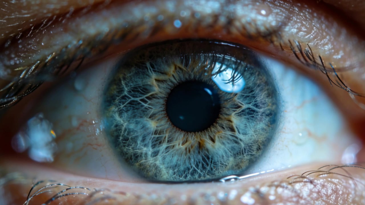 Revealing single eye reacting to strong frontal light in studio for iris detail, showing tear film