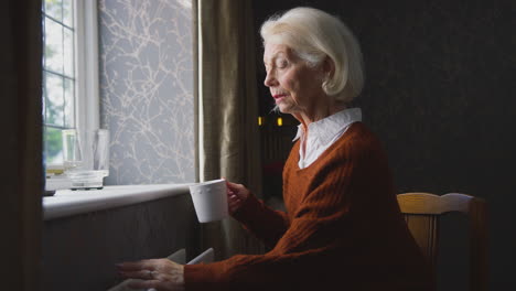 mujer de la tercera edad con una bebida caliente tratando de mantenerse caliente por el radiador en casa en el costo de la vida crisis energética