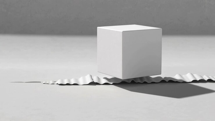 Sliding corrugated strip moving under matte white cube on tabletop, shifting angular cast shadow