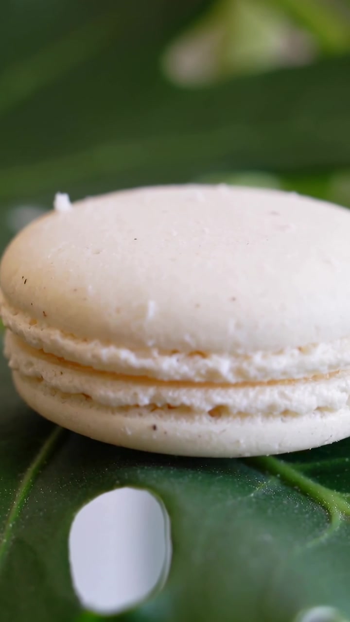 Vertical video: Zooming camera revealing white macaron on green leaf, showing speckled texture