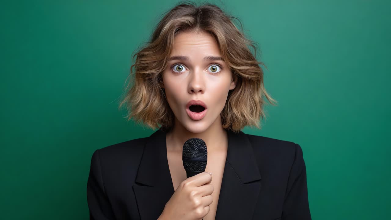 Surprised to Confident: A Sequence of Expression with a Microphone Against a Solid Green Background Showing a Dramatic Transformation in Emotion