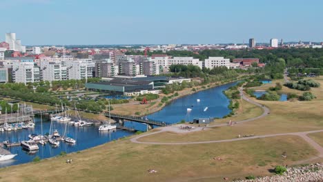 sailing boats in western harbour, malmö with view of one of the canals in malm?