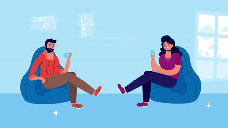 couple using smartphone in sofas stay at home campaign