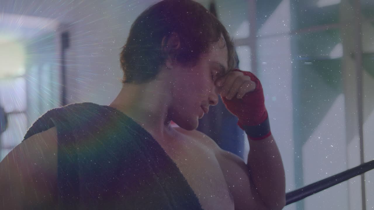 Boxer leaning on ropes postround, catching breath, animated breath lines pulsing over brow, flare