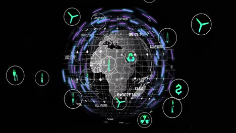 Animación-De-íconos-Ecológicos-Y-Procesamiento-De-Datos-Sobre-El-Globo-Con-Estelas-De-Luz