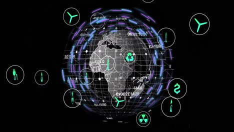 animation of eco icons and data processing over globe with light trails