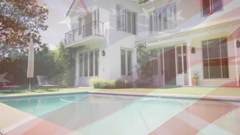 animation of flag of usa over general view of house and pool