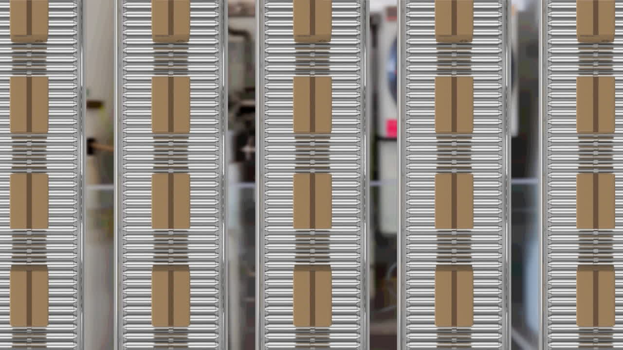 컨베이어 벨트에 있는 여러 배달 상자의 상상식의 디지털 애니메이션