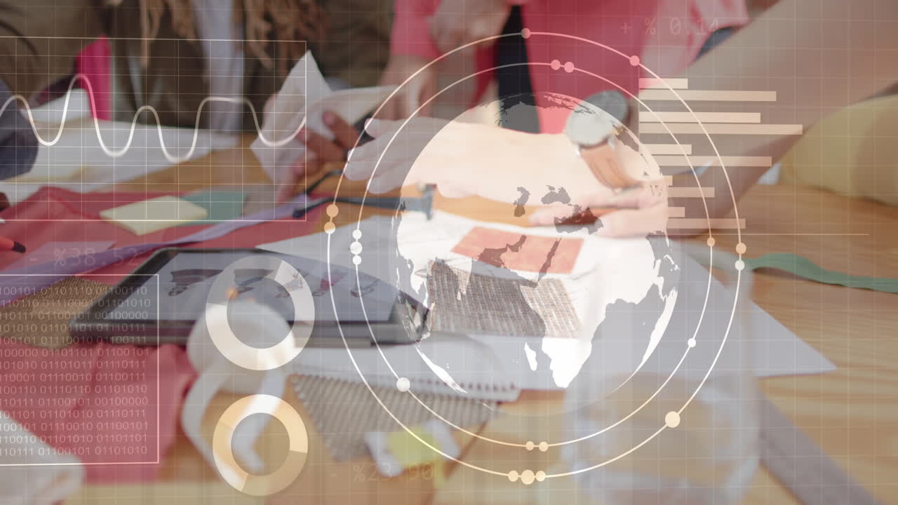 animación del procesamiento de datos financieros sobre diversas personas de negocios discutiendo el trabajo en la oficina