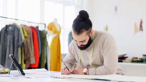 fashion, tablet or designer man writing