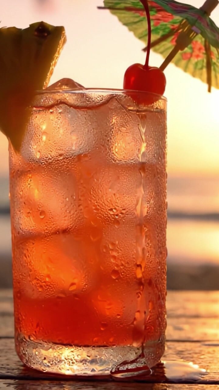 Refreshing Tropical Cocktail Glimmering in the Sunset with Ice, Cherry, and Pineapple Garnish, Perfect for Relaxation and Celebrations by the Beach