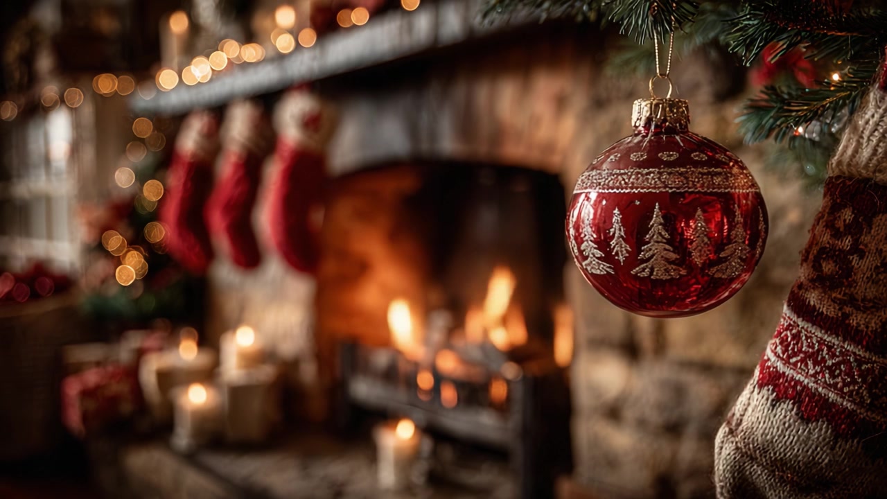 A Festive Christmas Setting: A Cozy Hearth Adorned with Beautiful Ornaments, Stockings, and Glittering Lights, Perfect for Celebrating the Holiday Season's Magic