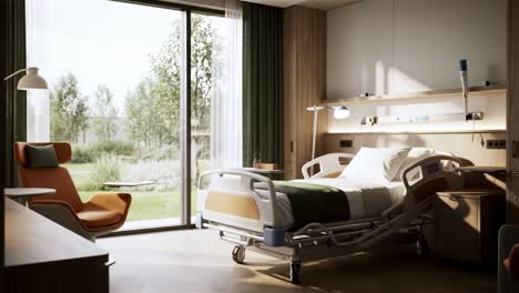 modern hospital room with a comfortable bed and natural light, emphasizing healing environment and calm atmosphere for patient recovery