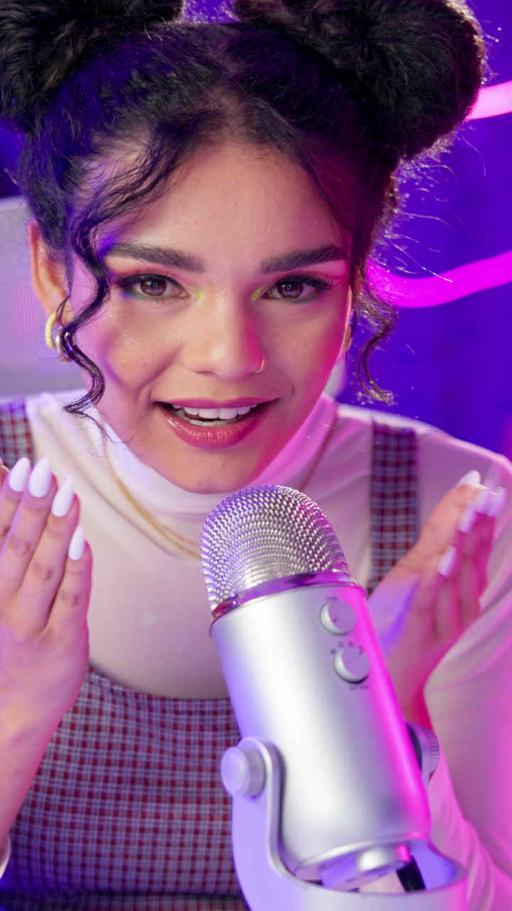 Woman Recording Podcast with Microphone