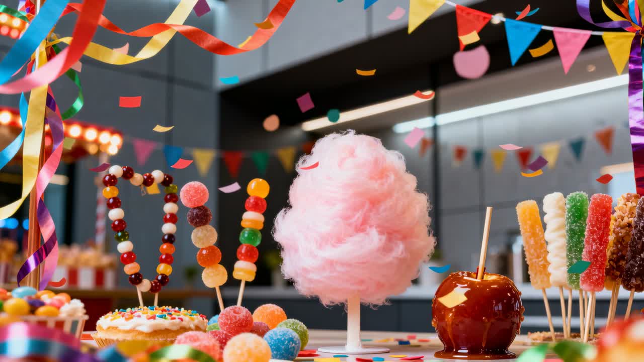 Zucchero filato rosa al centro di un bancone per una festa, con coriandoli che cadono e una mela caramellata.