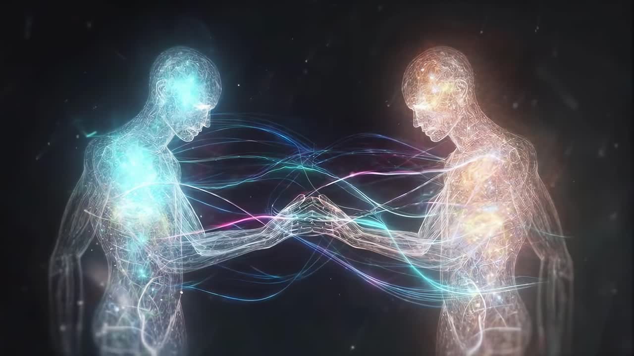 Two ethereal figures exchange energy in a digital video, captured from a side angle