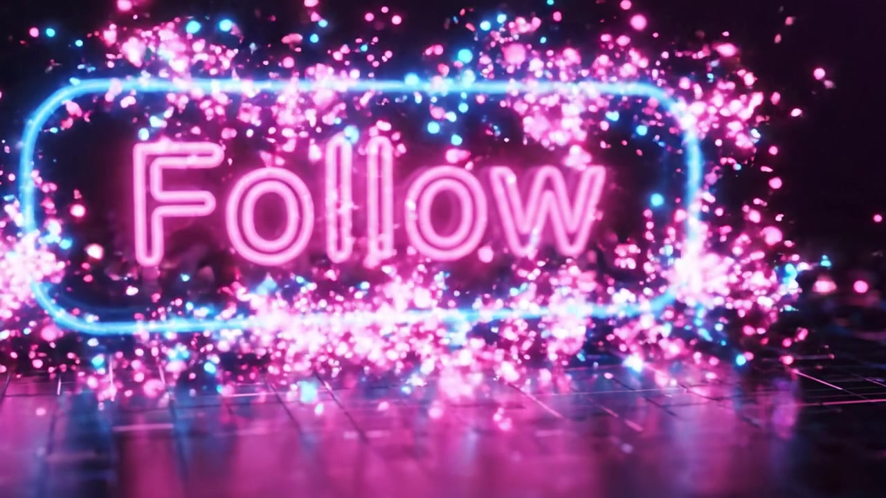 Jaskrawy neon świecący napisem „Follow” w różu i błękicie na futurystycznym tle, oddający esencję nowoczesnej łączności i zaangażowania
