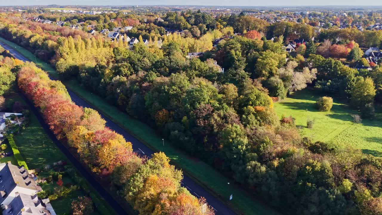 Aerial drone shot of Cesson-Sévigné captures a tree-lined avenue surrounded by dense autumn foliage at the outskirts of Rennes, France, showcasing seasonal landscape color