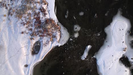 Birds-eye-view-of-frozen-river-covered-by-white-snow