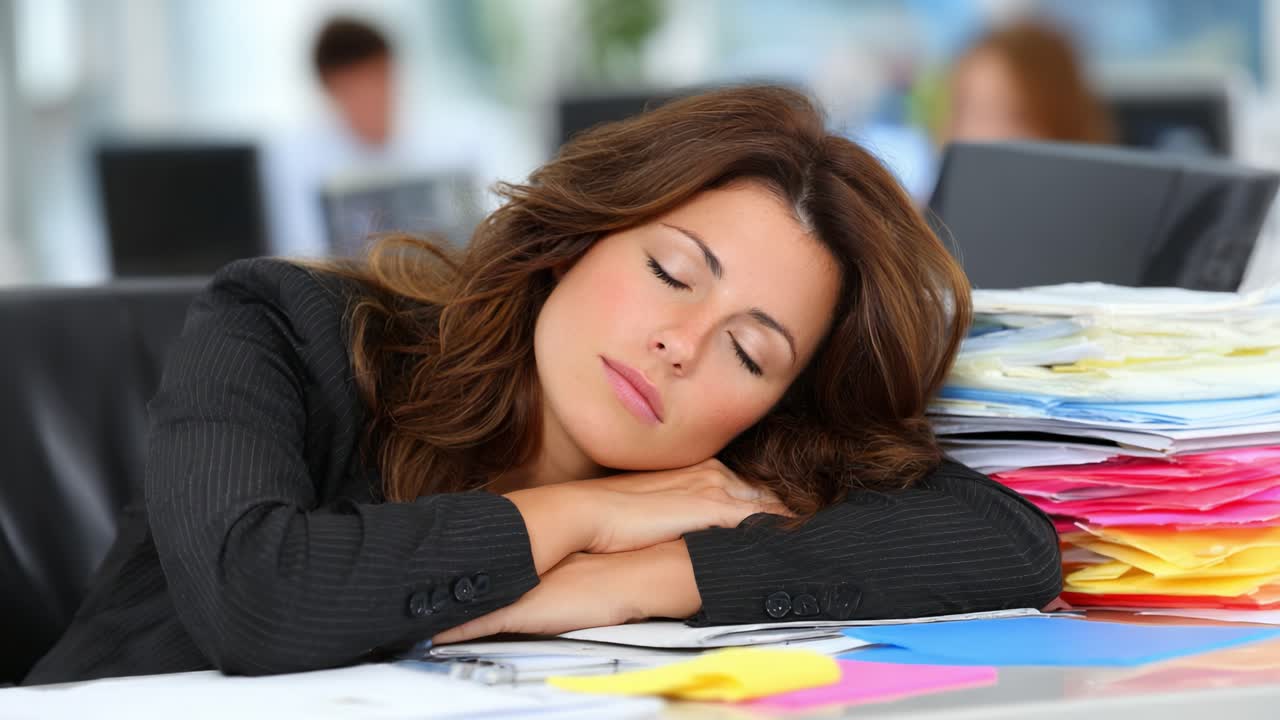 Impiegato stanco addormentato sulla scrivania circondato da pile colorate di carta, che cattura la tensione dello stress e dell'affaticamento sul posto di lavoro