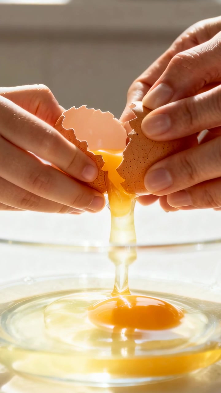 Vertikales Video: Hände schlagen zu Hause Eier auf und ziehen die Eierschalen über einer Schüssel auseinander, wobei Eigelb und Eiweiß zum Kochen hineintropfen.