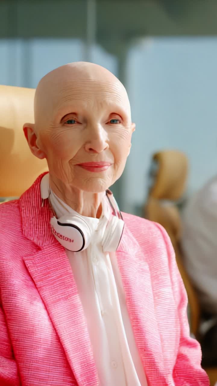 Un'elegante signora anziana con un'aura positiva, che indossa cuffie e un blazer rosa, seduta in un ambiente moderno con un'espressione serena e un'aria gioiosa