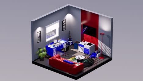 3d isometric living room, with sofa, tv stand, table, and desk, rotating left and right, seamless loop 3d animation, interior design 3d scene