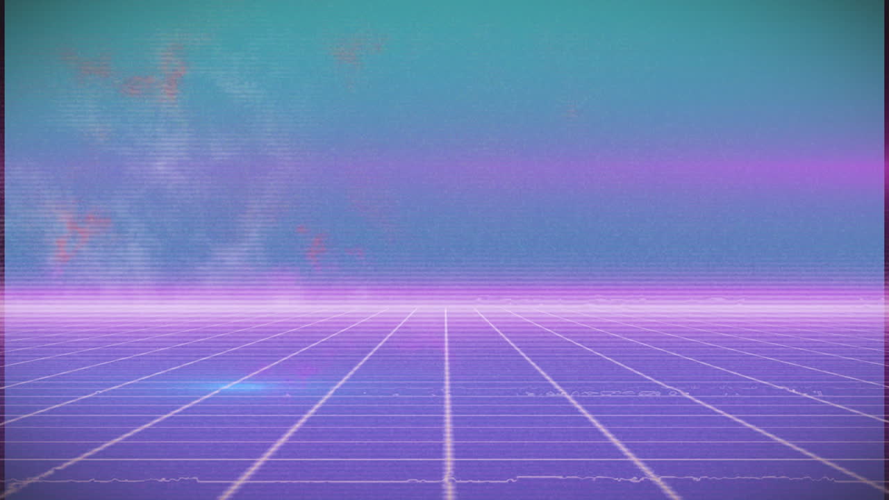 Animation of retro futuristic grid landscape with vibrant purple and teal sky