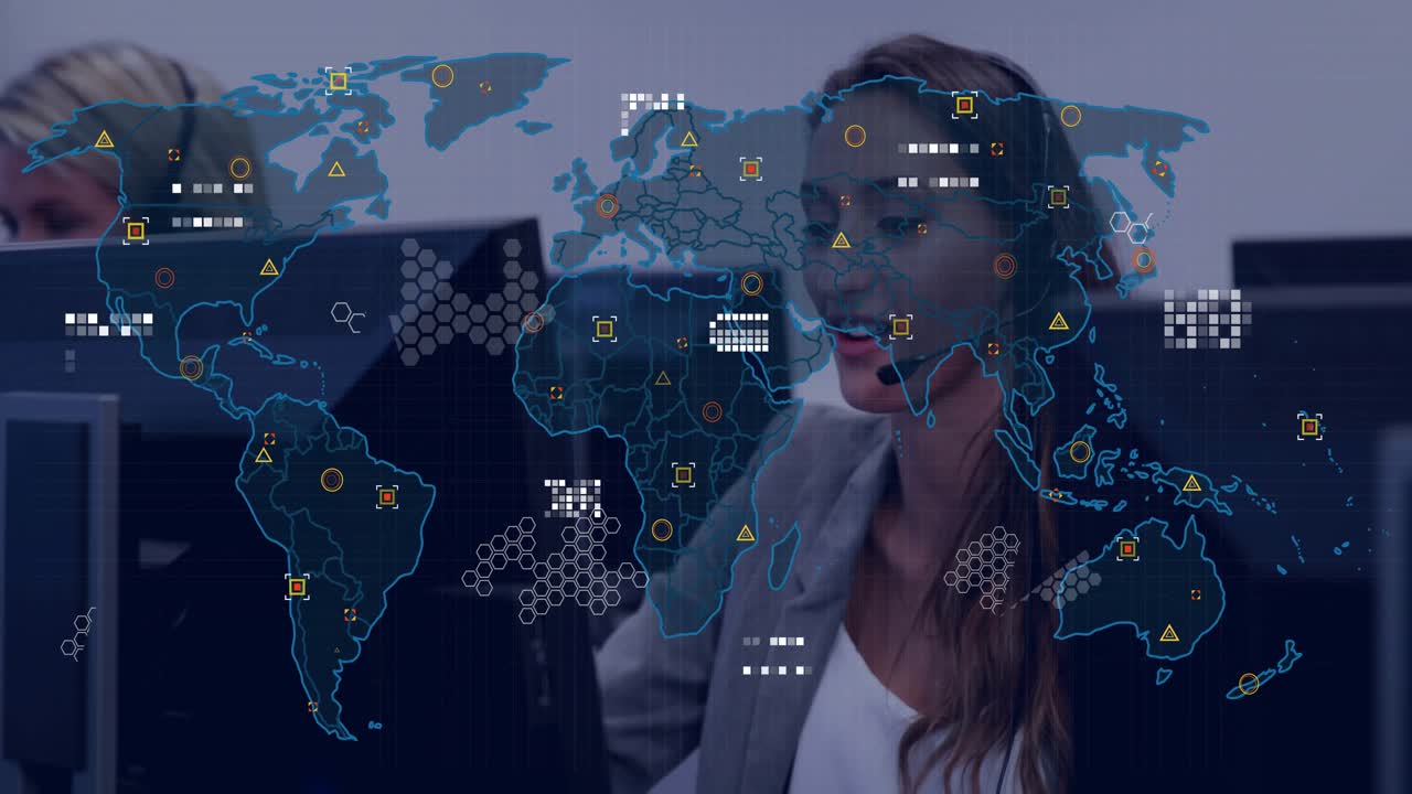 Female call agent speaking into headset receiving live data feed, global map overlay growing dense