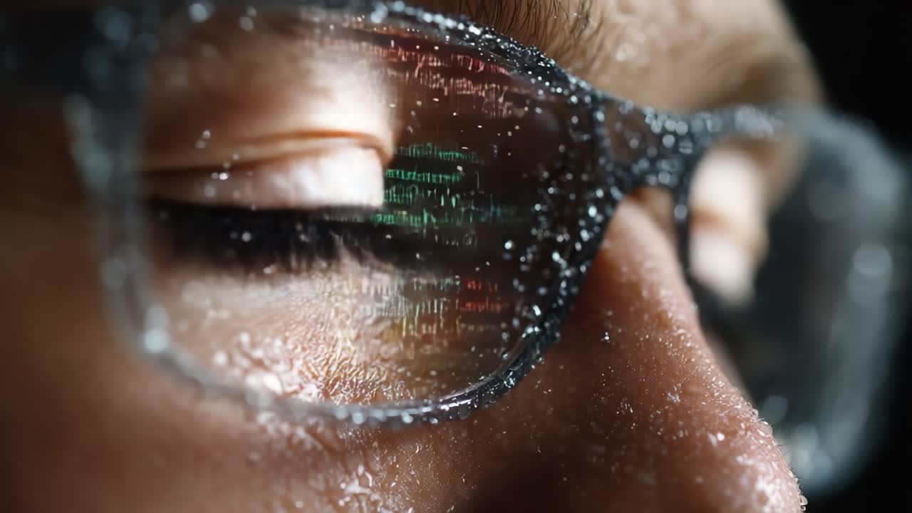 Intense Close-Up of a Person's Eye with Glasses Reflecting Complex Coding Patterns and Water Droplets, Highlighting the Intersection of Technology and Human Insight